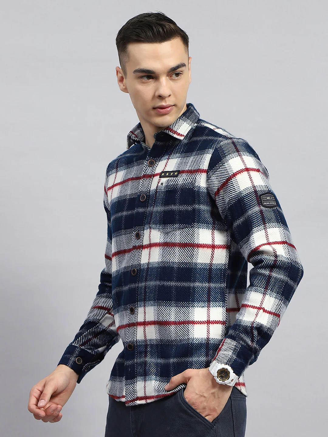 Men Navy Blue Check Collar Full Sleeve Shirt - Image 3