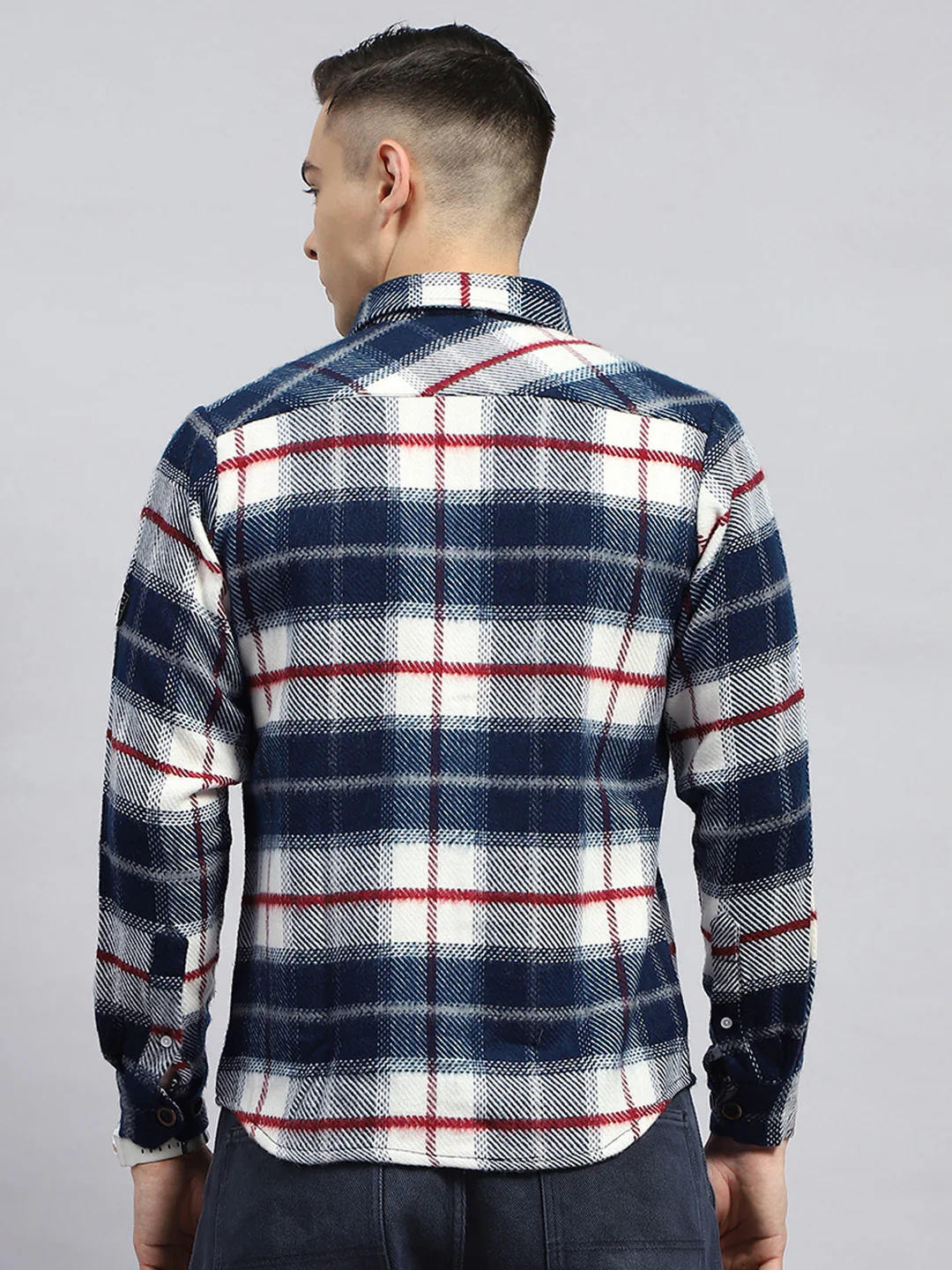 Men Navy Blue Check Collar Full Sleeve Shirt - Image 5