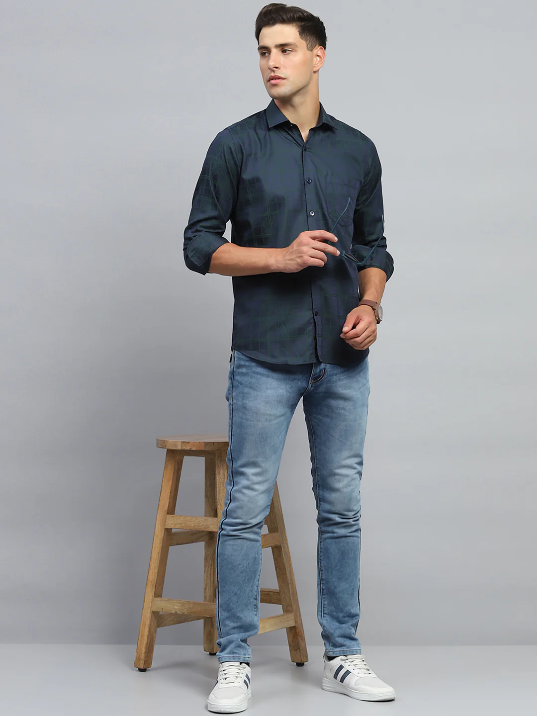 Luxuria Men Navy Blue Check Collar Full Sleeve Shirt - Image 2