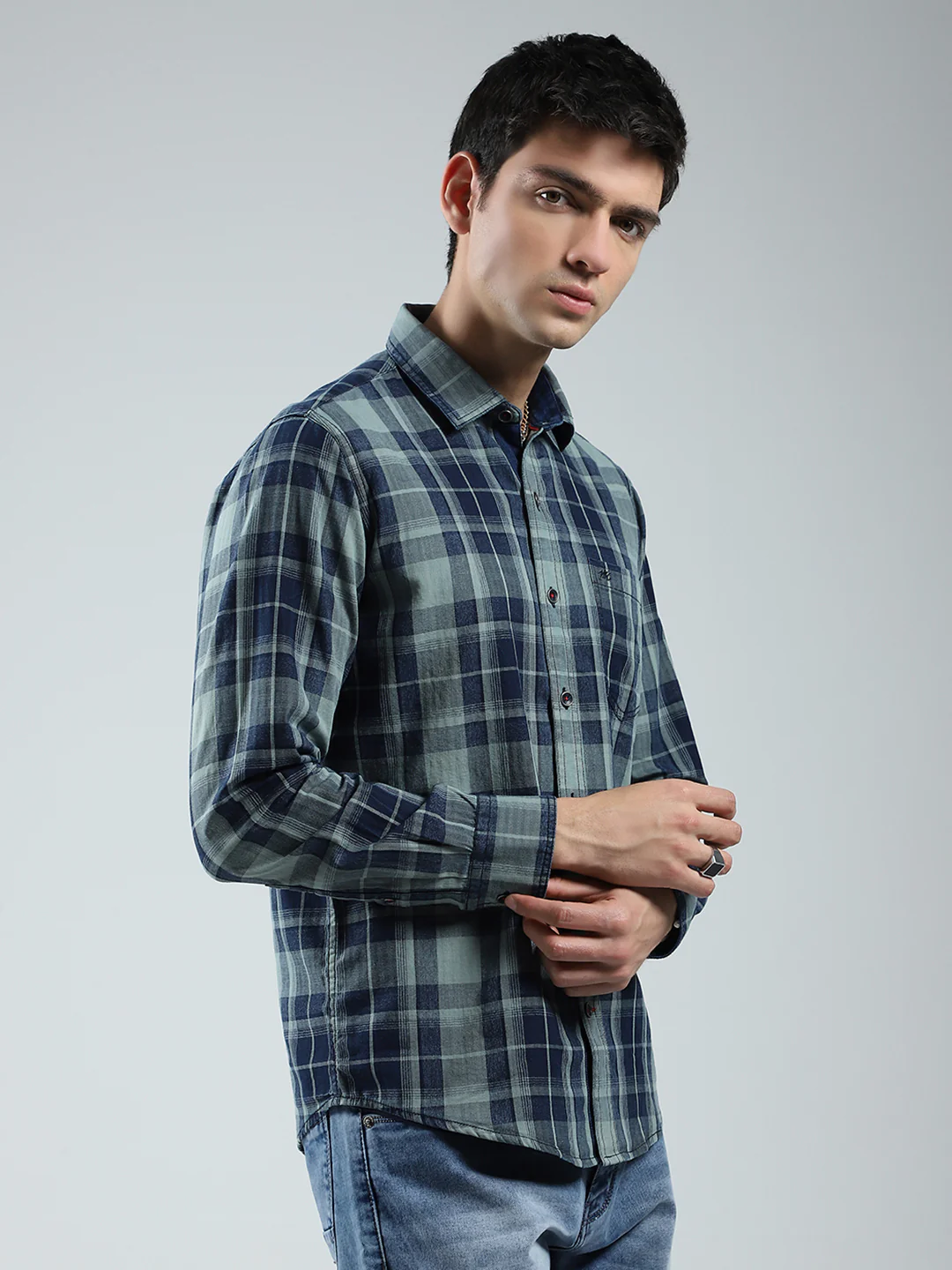 Men Navy Blue Check Collar Full Sleeve Shirt - Image 4