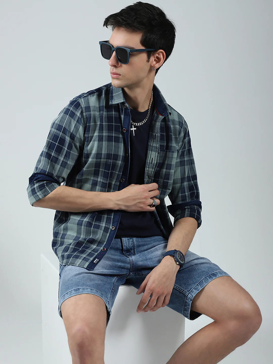 Men Navy Blue Check Collar Full Sleeve Shirt - Image 6