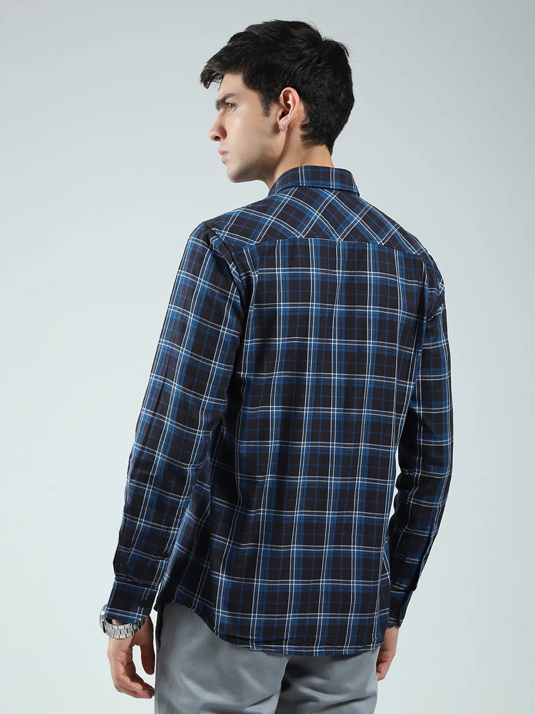Men Navy Blue Check Collar Full Sleeve Shirt - Image 5