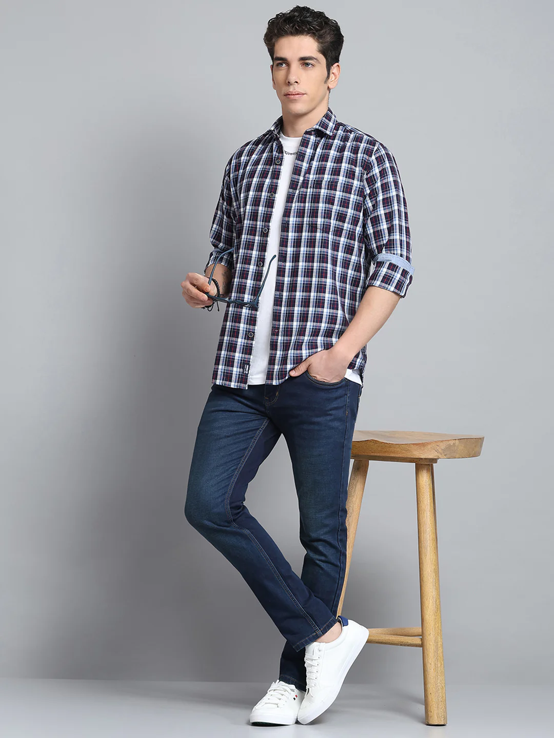 Men Navy Blue Check Collar Full Sleeve Shirt - Image 2