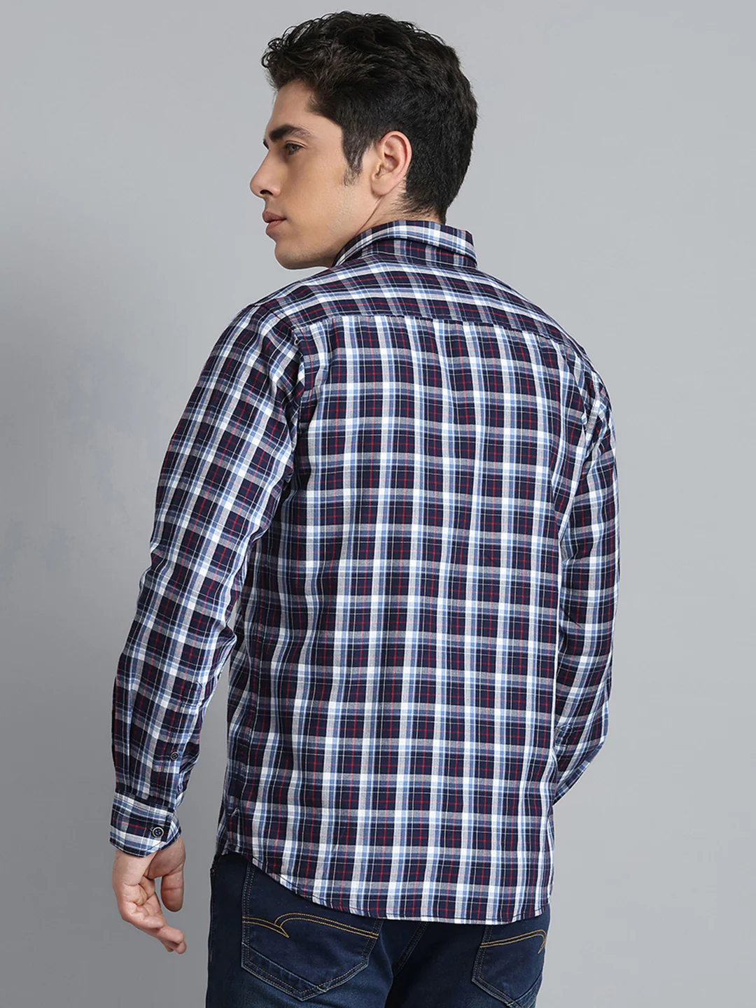 Men Navy Blue Check Collar Full Sleeve Shirt - Image 5