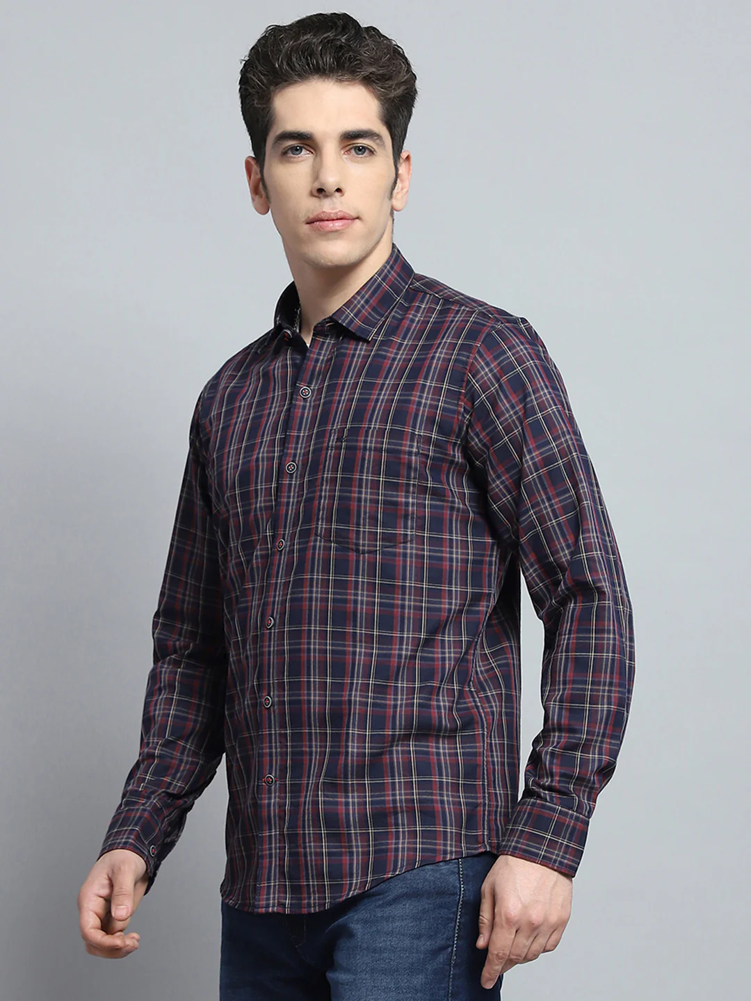 Men Navy Blue Check Collar Full Sleeve Shirt - Image 3