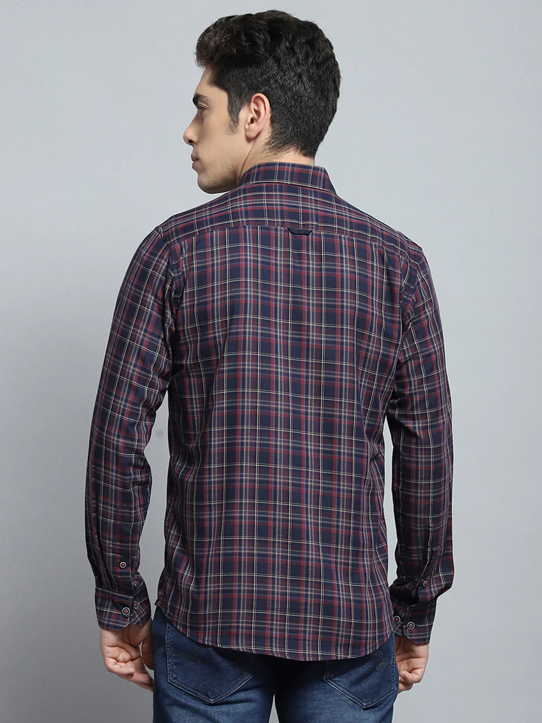 Men Navy Blue Check Collar Full Sleeve Shirt - Image 5