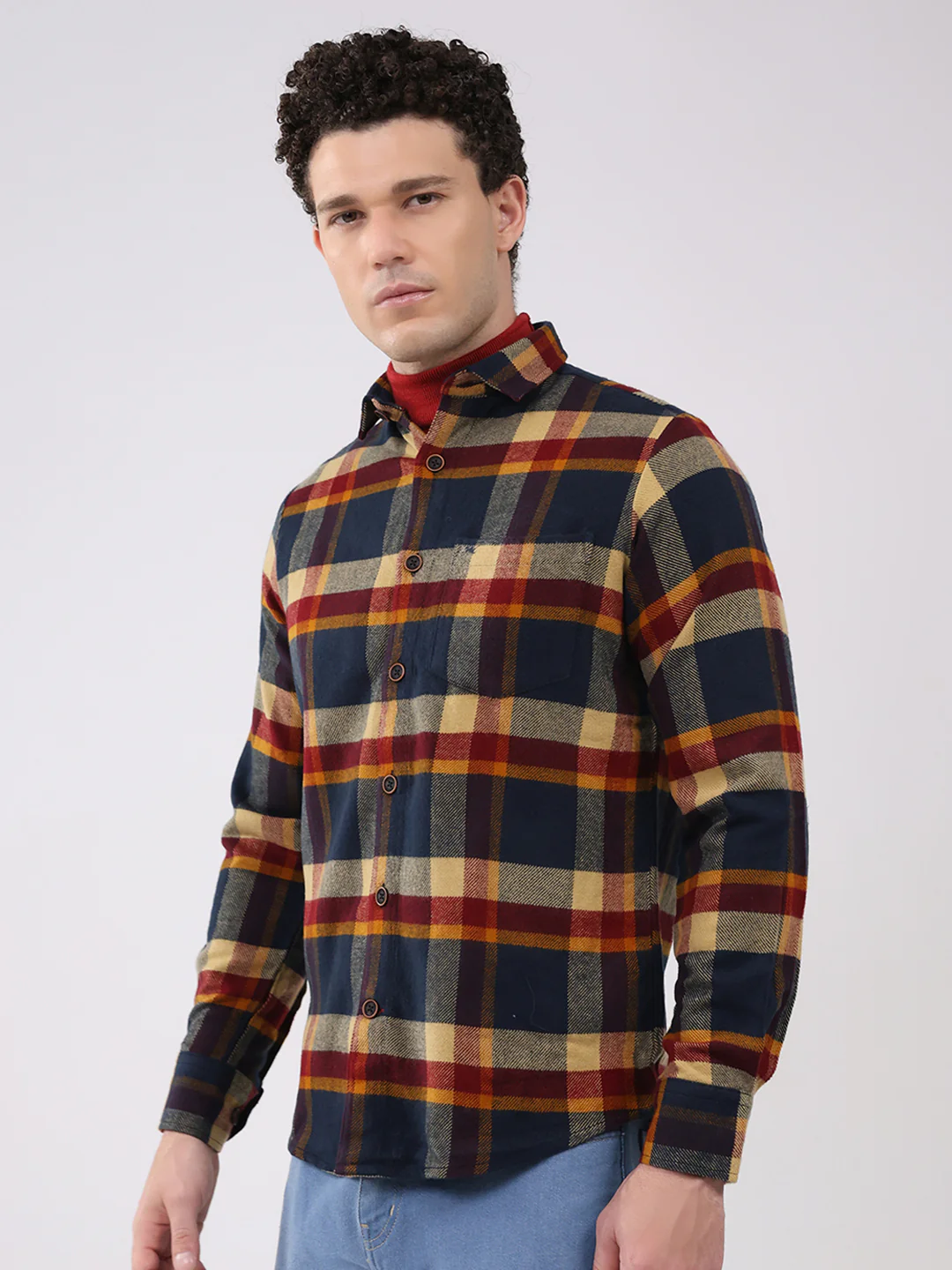 Men Navy Blue Check Collar Full Sleeve Shirt - Image 3