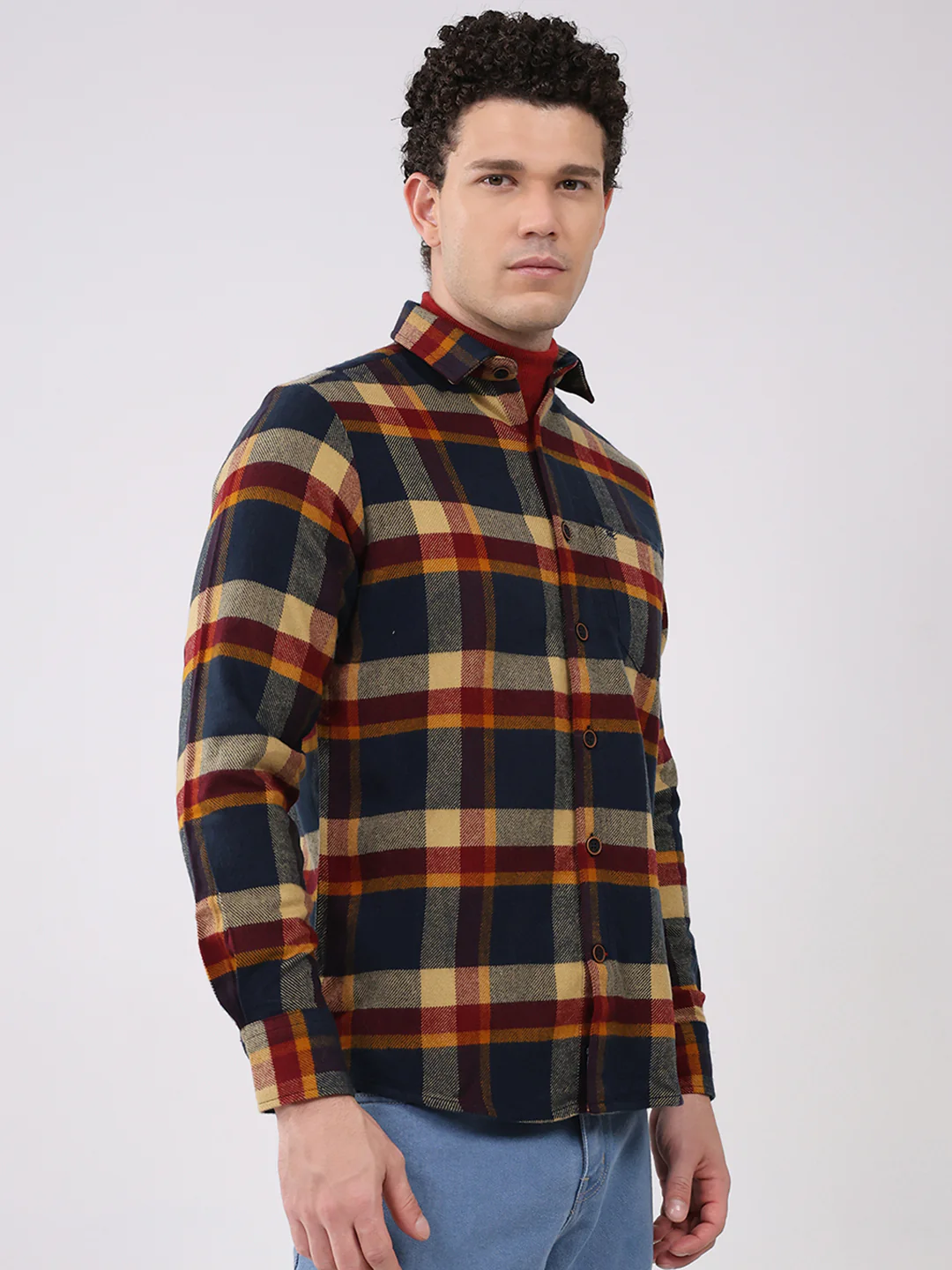 Men Navy Blue Check Collar Full Sleeve Shirt - Image 4