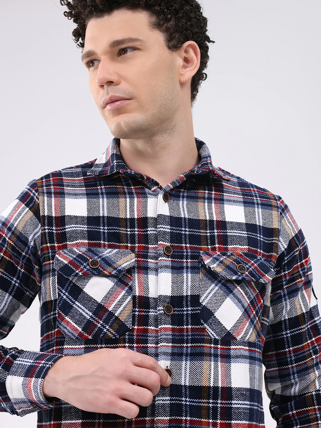 Men Navy Blue Check Collar Full Sleeve Shirt - Image 6