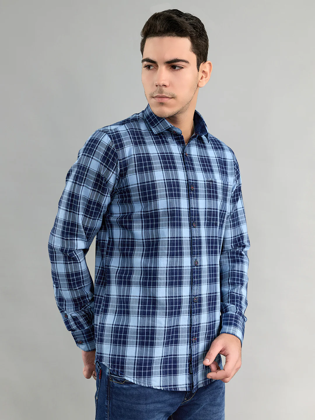 Men Navy Blue Check Collar Full Sleeve Shirt - Image 2