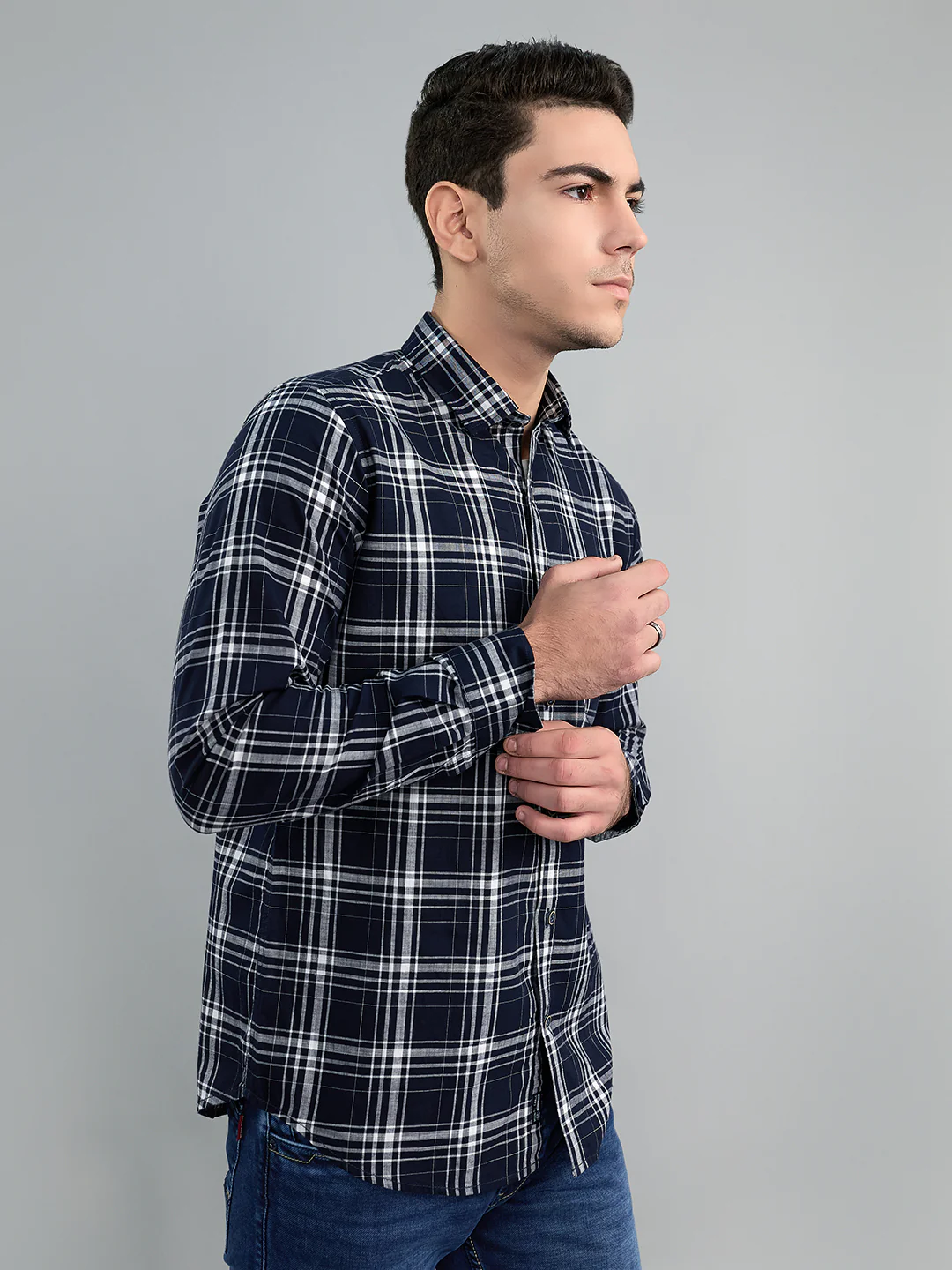 Men Navy Blue Check Collar Full Sleeve Shirt - Image 3
