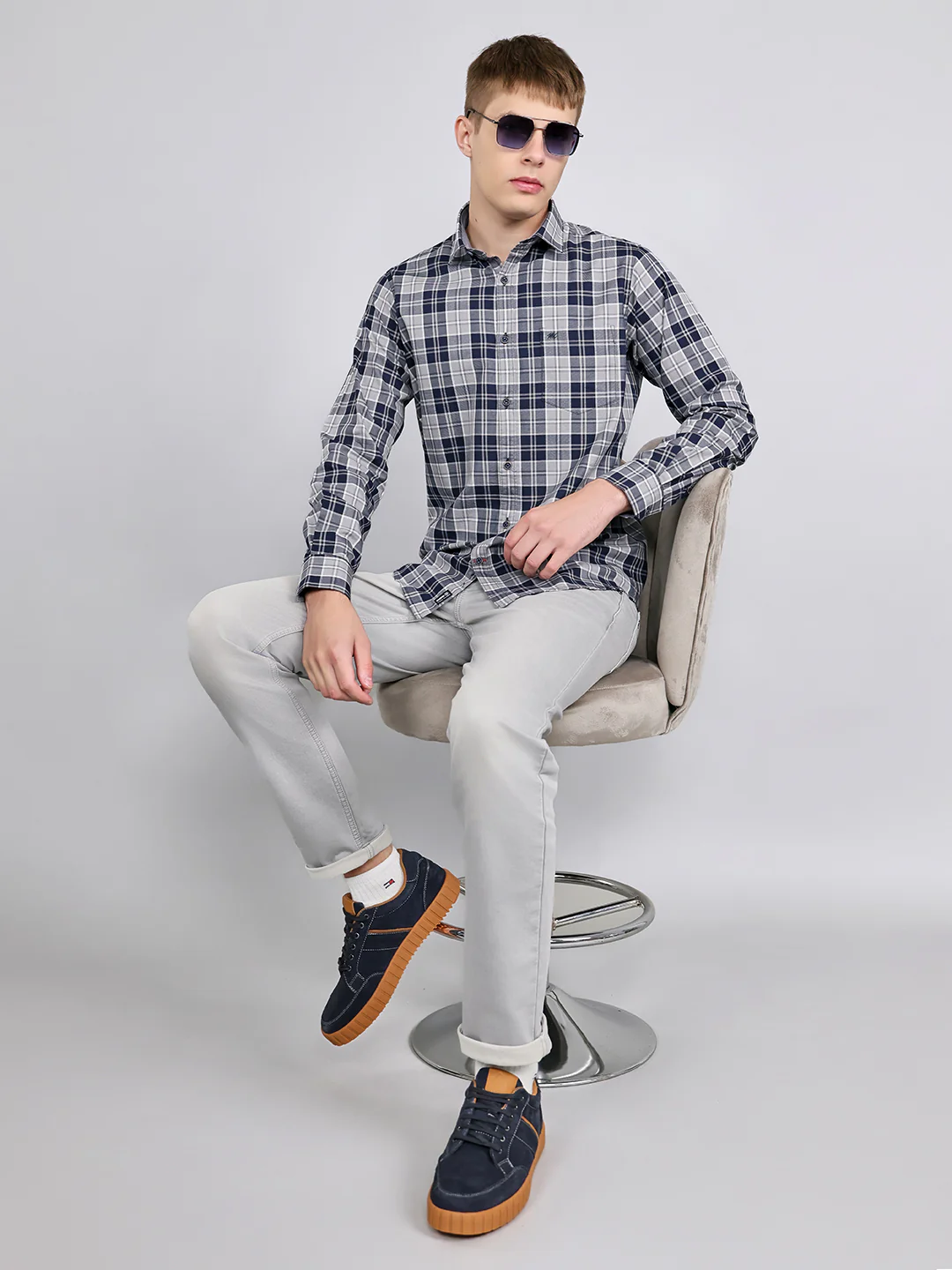 Men Navy Blue Check Collar Full Sleeve Shirt - Image 6