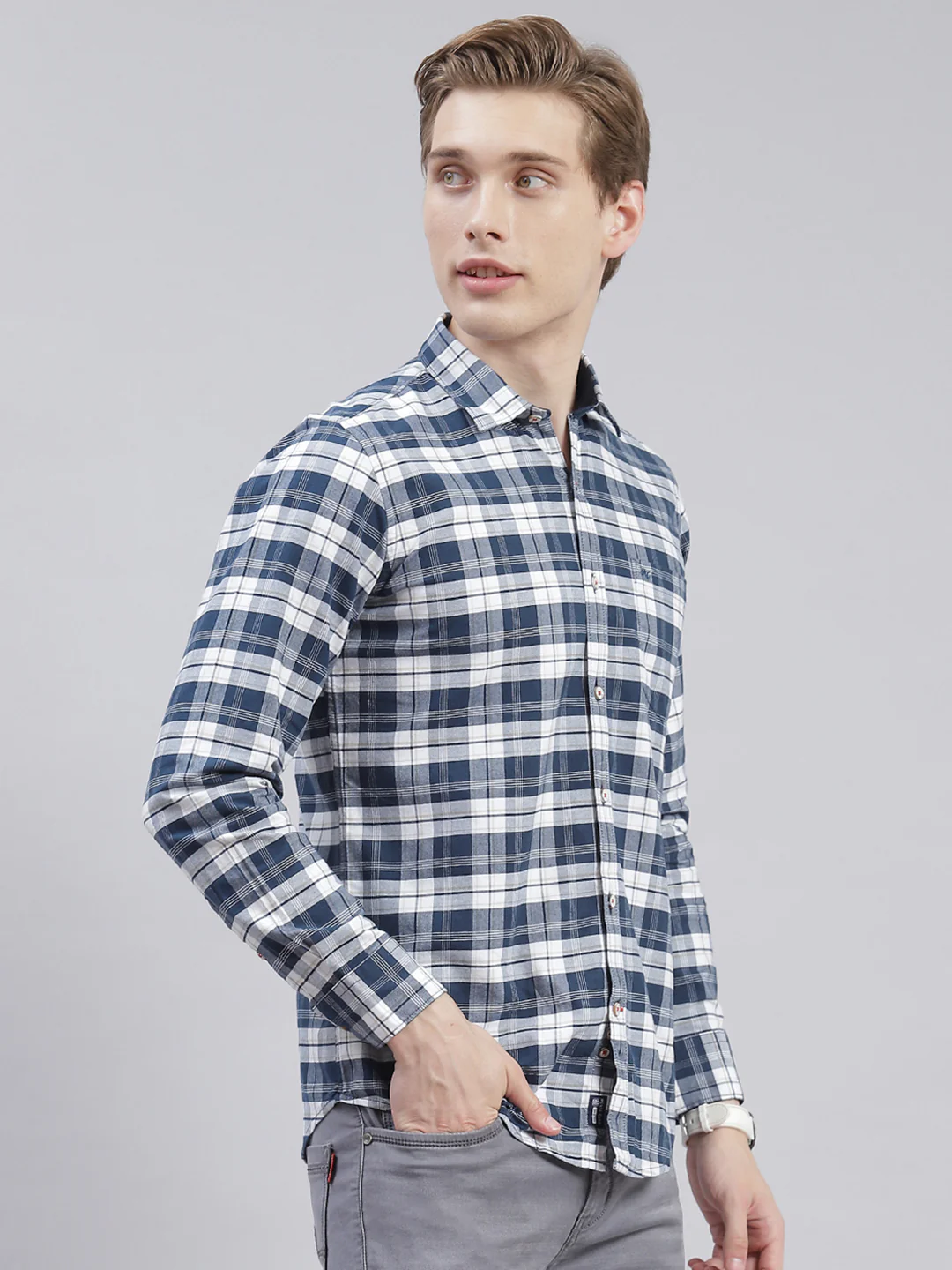 Men Navy Blue Check Collar Full Sleeve Shirts - Image 4