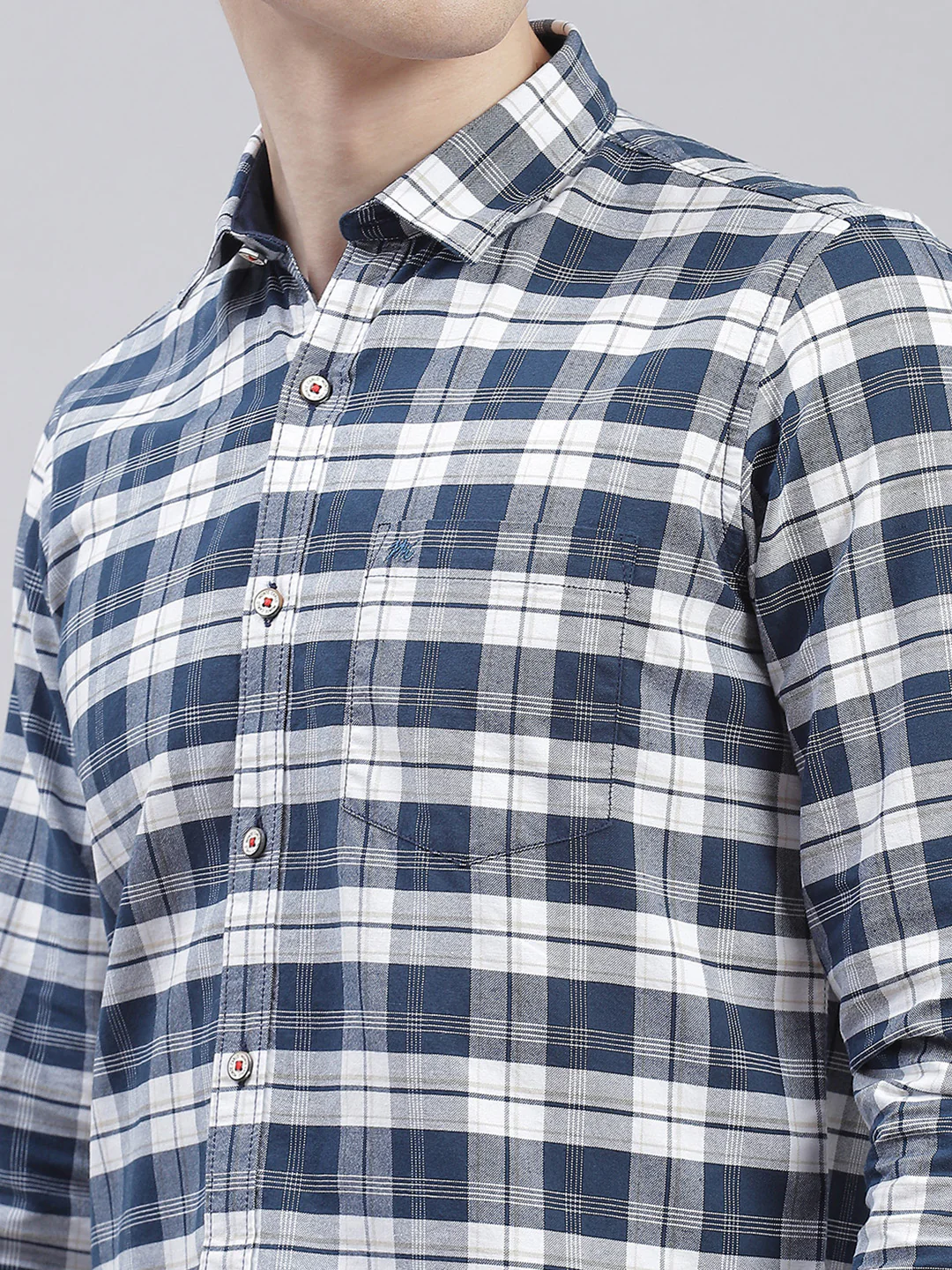 Men Navy Blue Check Collar Full Sleeve Shirts - Image 6