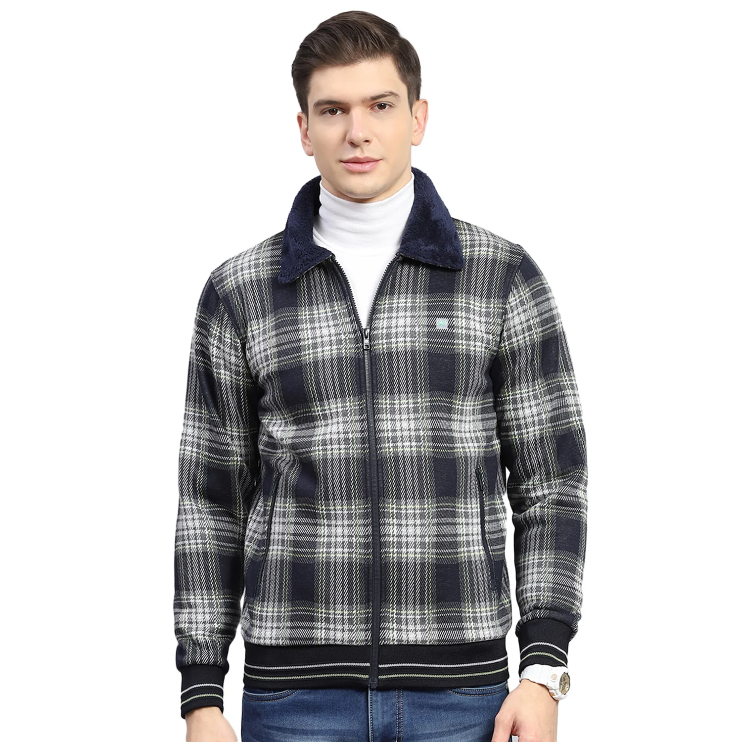 Men Navy Blue Check Collar Full Sleeve Sweatshirt - Image 5