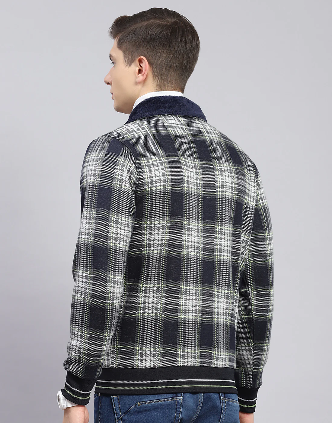 Men Navy Blue Check Collar Full Sleeve Sweatshirt - Image 7