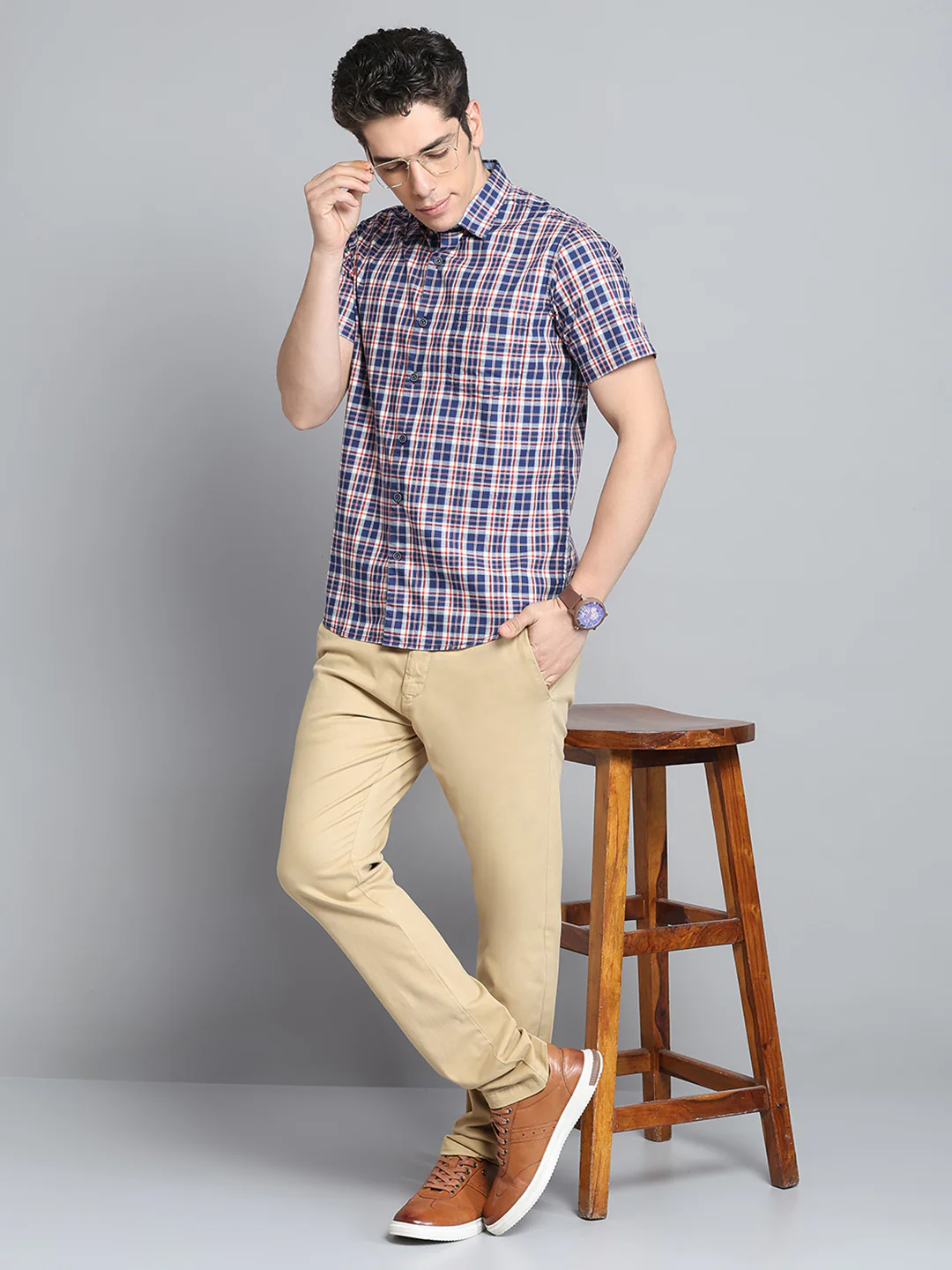 Men Navy Blue Check Collar Half Sleeve Shirt - Image 2
