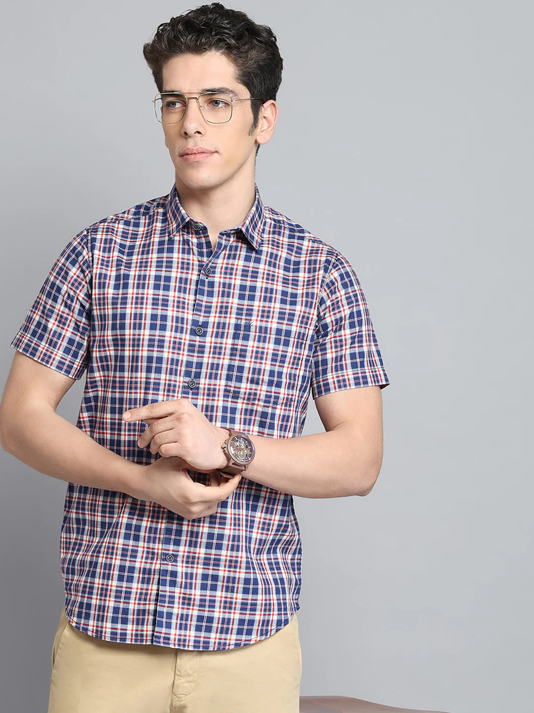 Men Navy Blue Check Collar Half Sleeve Shirt - Image 6