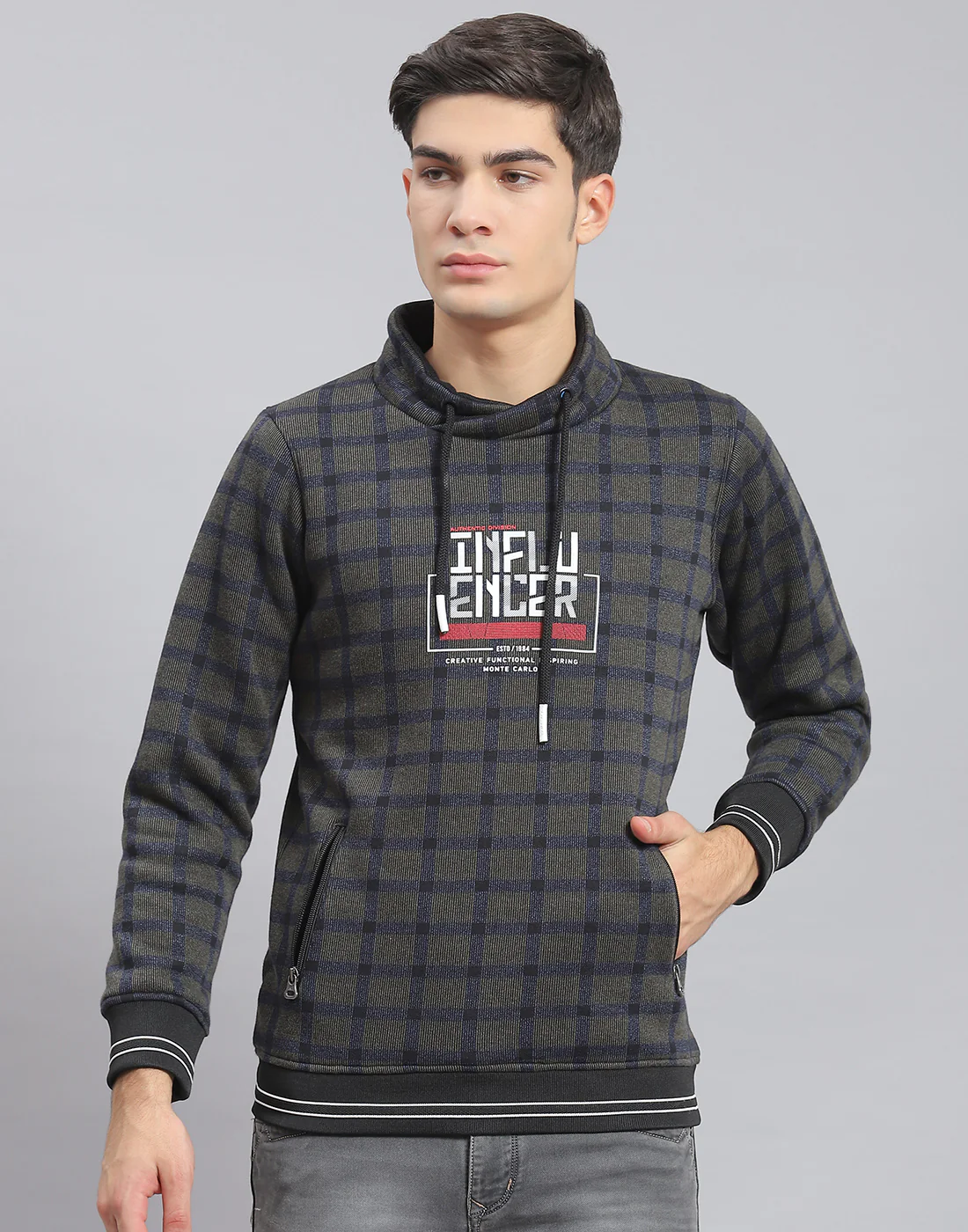 Men Navy Blue Check F Neck Full Sleeve Sweatshirt - Image 2
