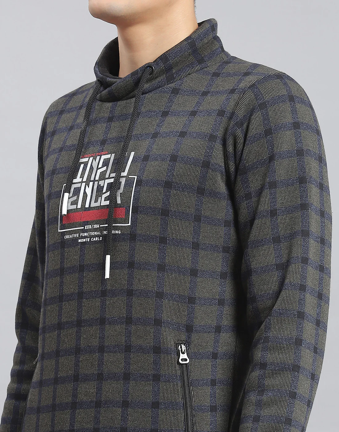Men Navy Blue Check F Neck Full Sleeve Sweatshirt - Image 6