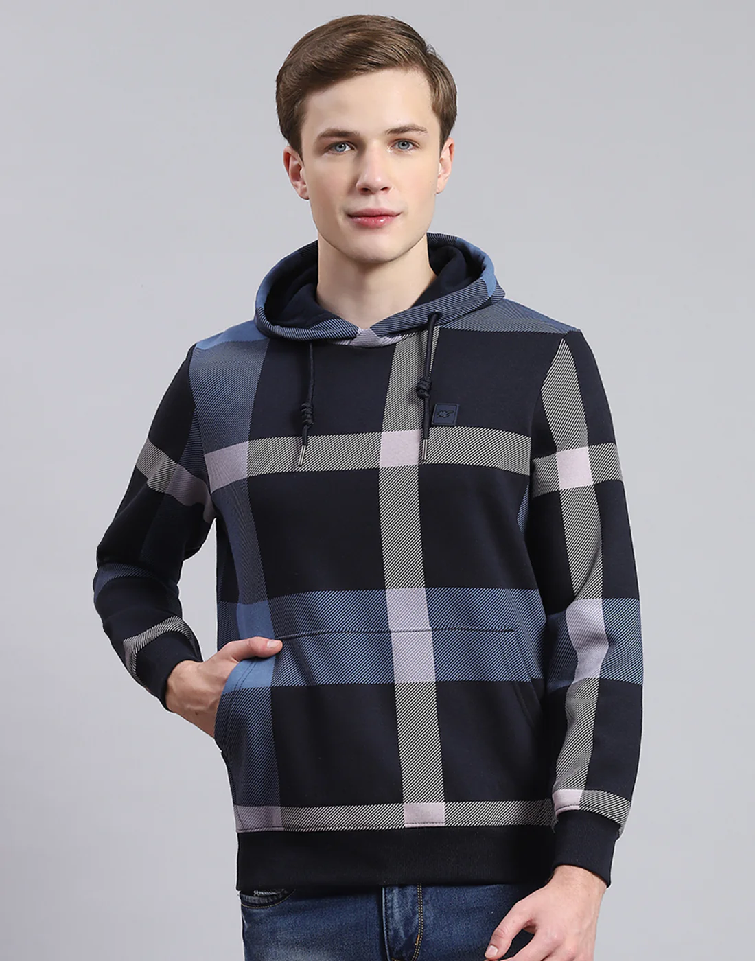 Men Navy Blue Check Hooded Full Sleeve Sweatshirt - Image 3