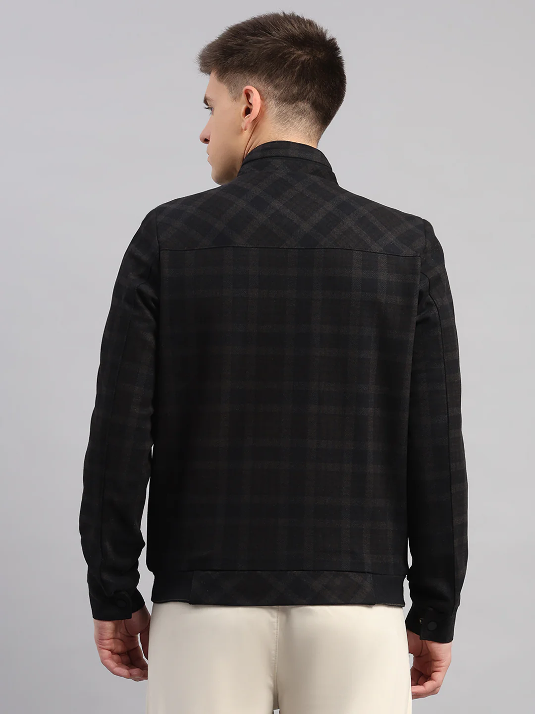 Men Navy Blue Check Mandarin Neck Full Sleeve Jacket - Image 5