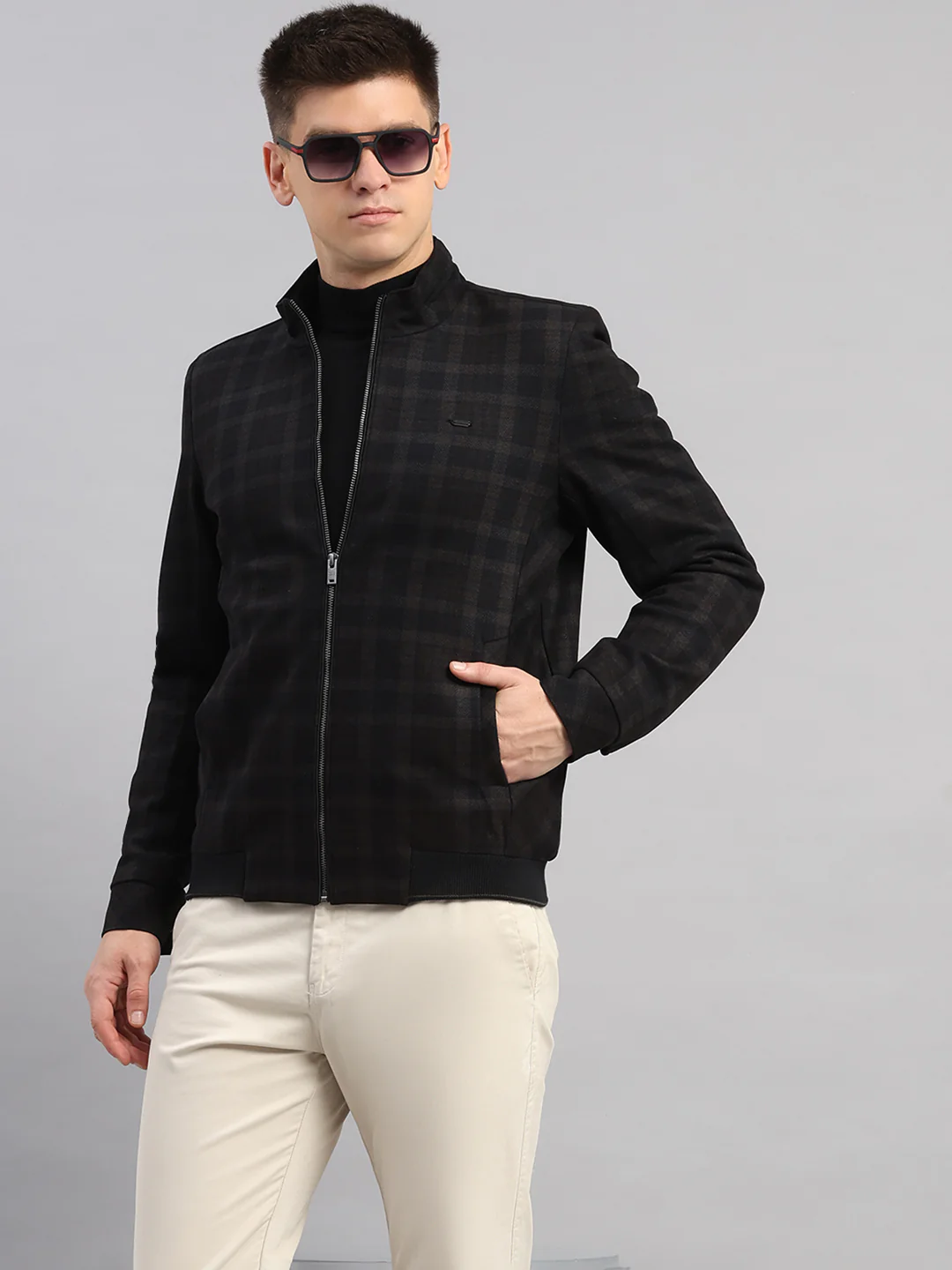 Men Navy Blue Check Mandarin Neck Full Sleeve Jacket - Image 6