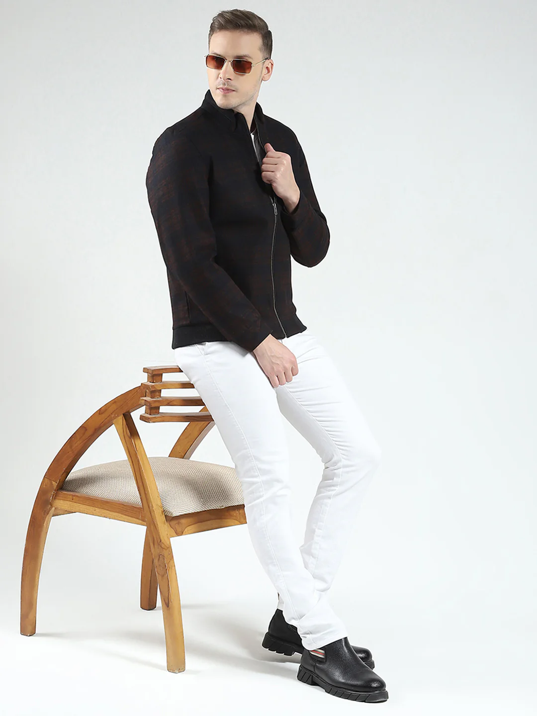 Men Navy Blue Check Mock Neck Full Sleeve Coat - Image 2