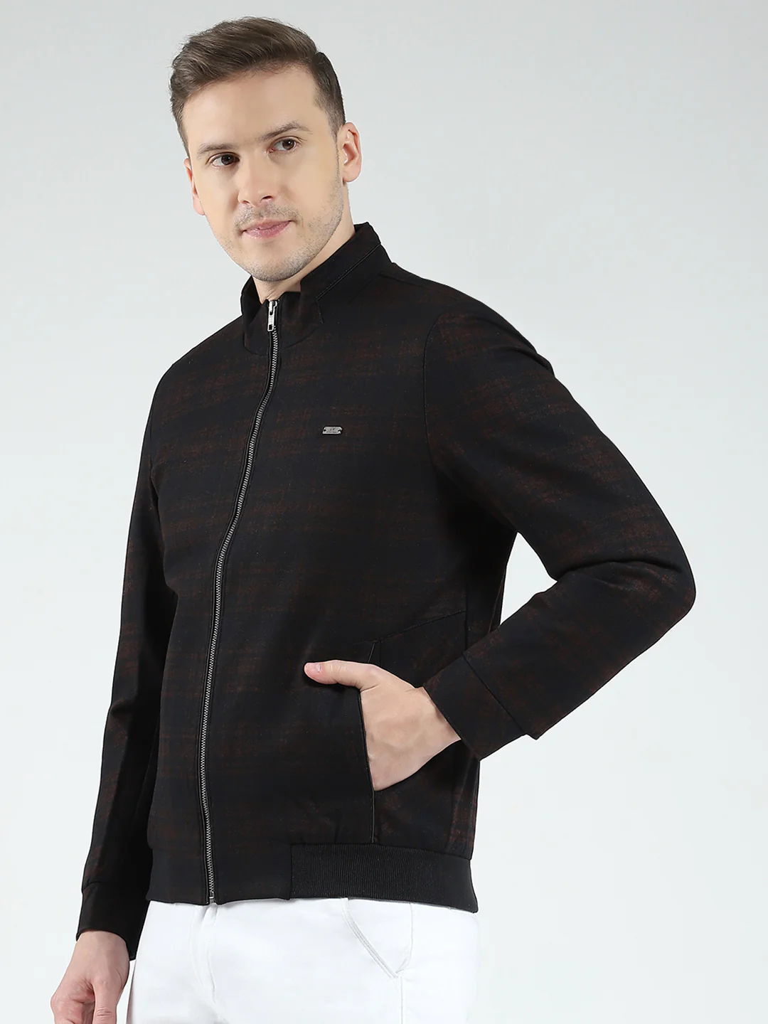 Men Navy Blue Check Mock Neck Full Sleeve Coat - Image 3