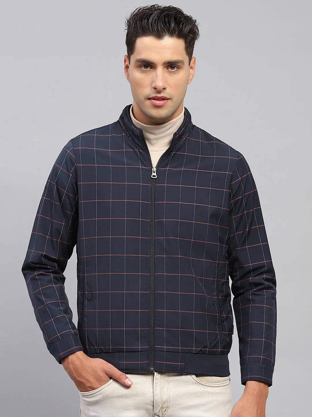 Men Navy Blue Check Mock Neck Full Sleeve Jacket - Image 2