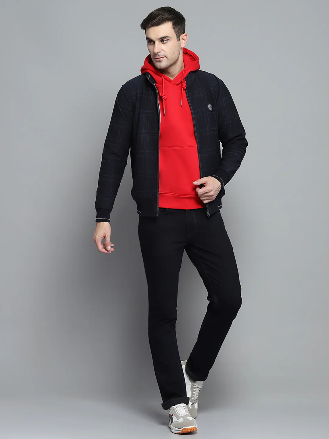 Men Navy Blue Check Mock Neck Full Sleeve Jacket - Image 2
