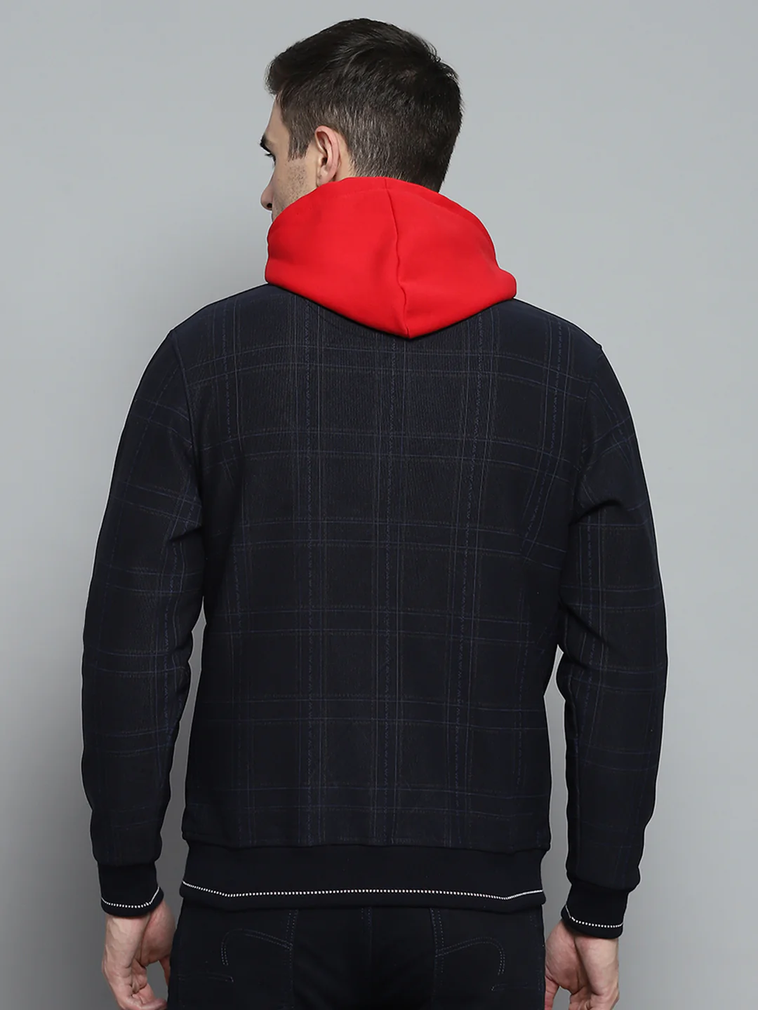 Men Navy Blue Check Mock Neck Full Sleeve Jacket - Image 6