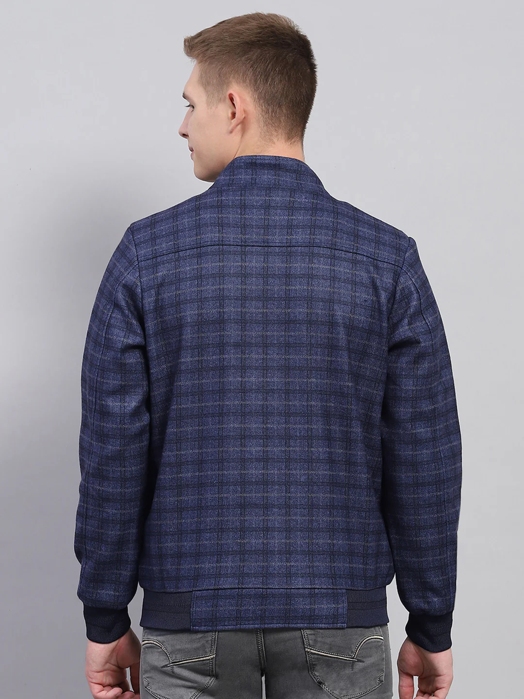 Men Navy Blue Check Mock Neck Full Sleeve Jacket - Image 5