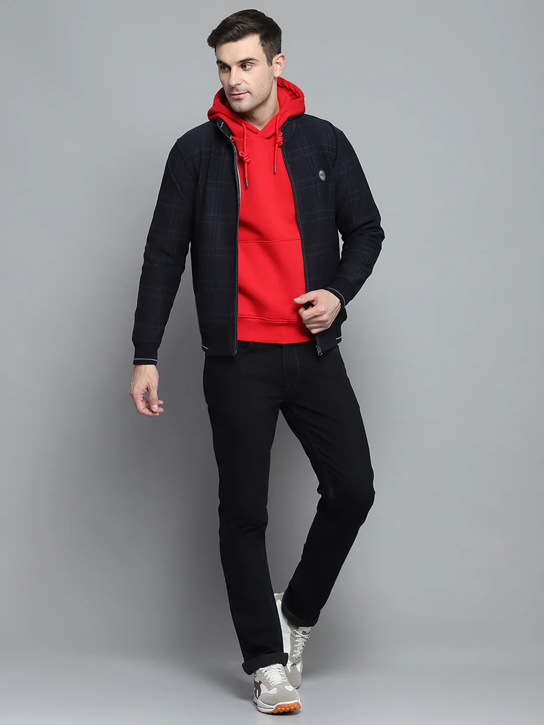 Men Navy Blue Check Mock Neck Full Sleeve Sweatshirt - Image 2