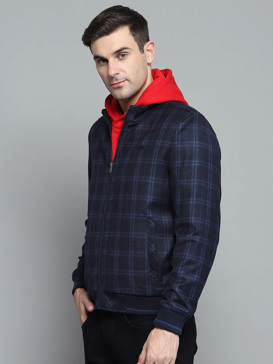 Men Navy Blue Check Mock Neck Full Sleeve Sweatshirt - Image 3