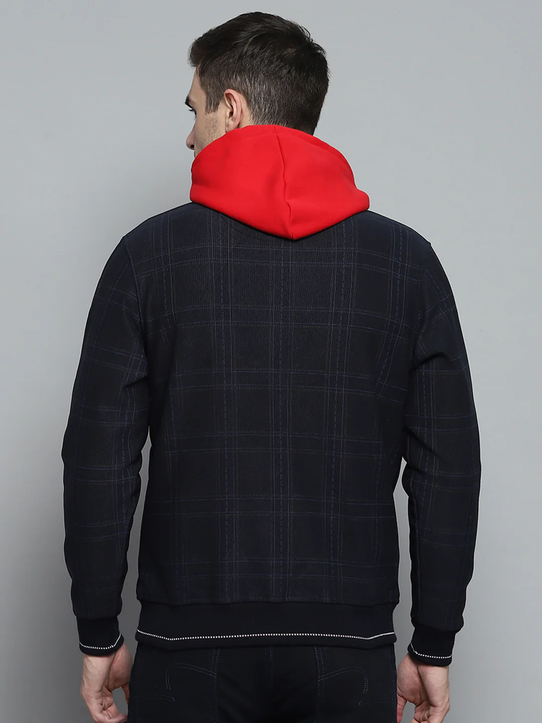Men Navy Blue Check Mock Neck Full Sleeve Sweatshirt - Image 5