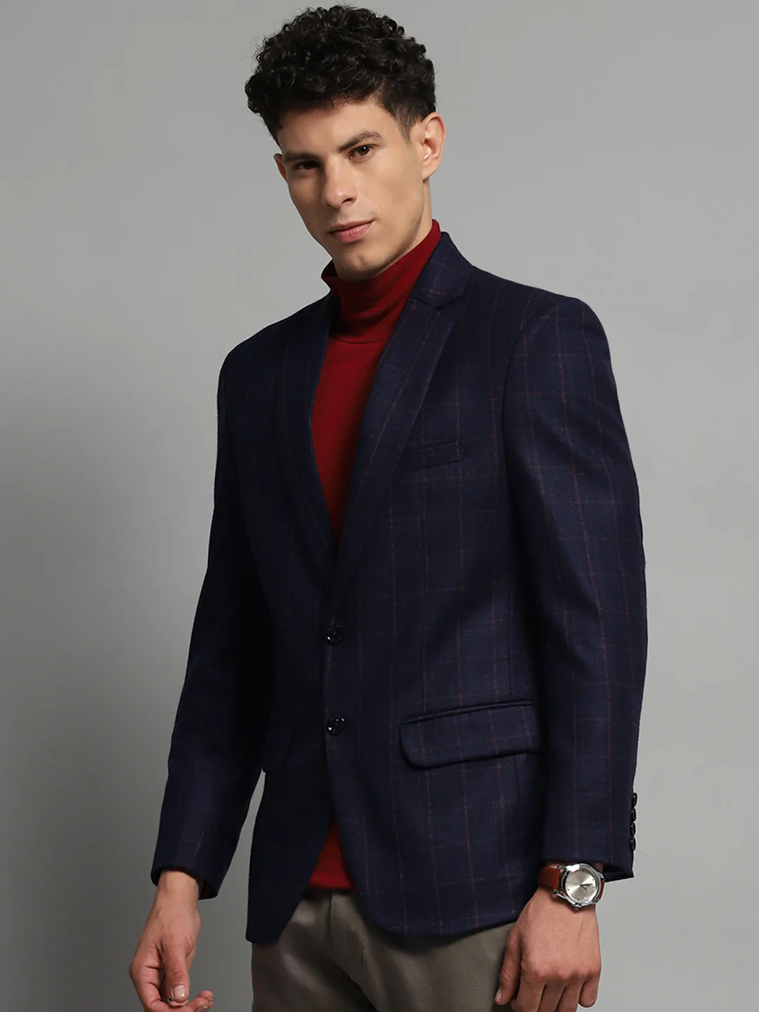 Luxuria Men Navy Blue Check Notch Lapel Collar Full Sleeve Blazer - Image 3