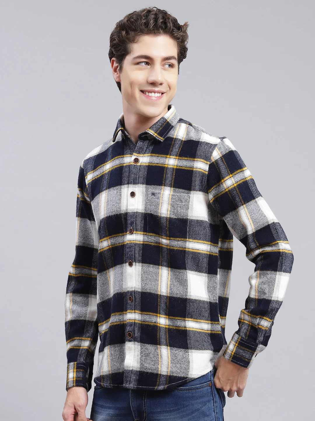 Men Navy Blue Check Poly Acrylic Shirt - Image 4