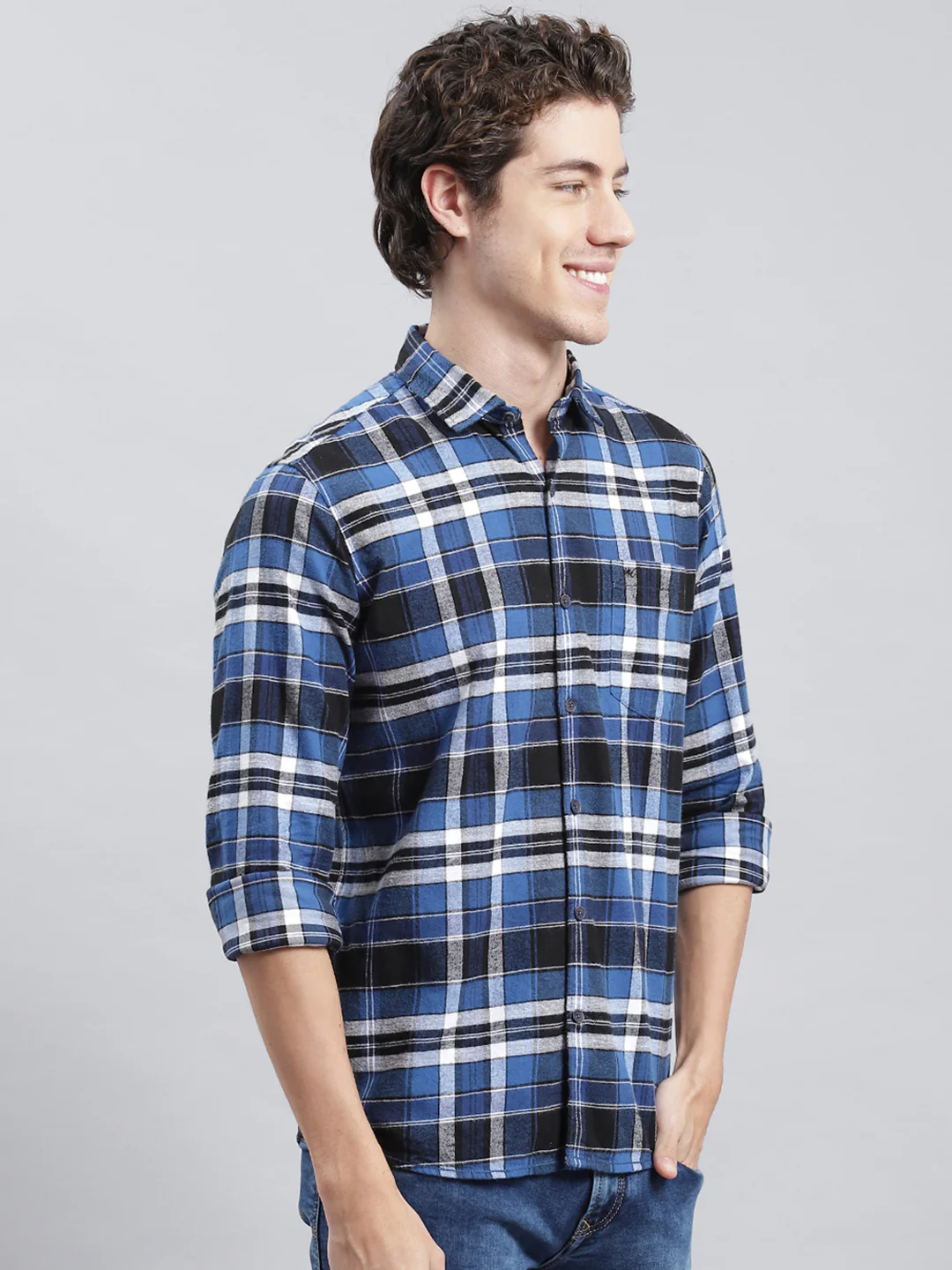 Men Navy Blue Check Shirt - Image 3