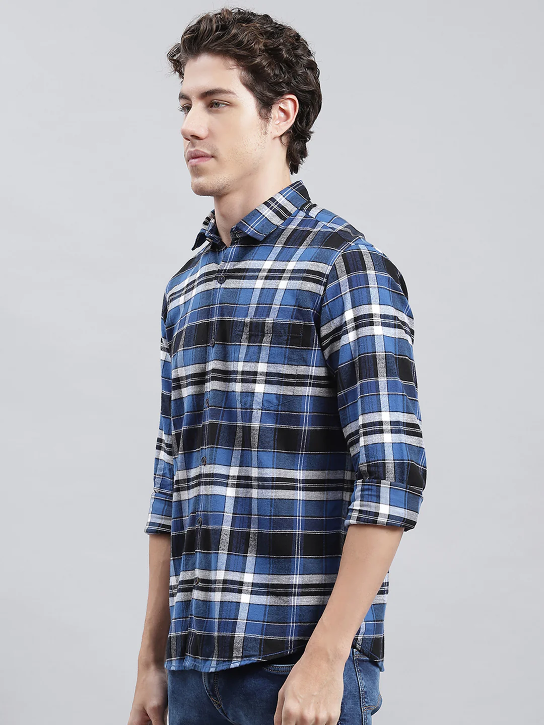 Men Navy Blue Check Shirt - Image 4