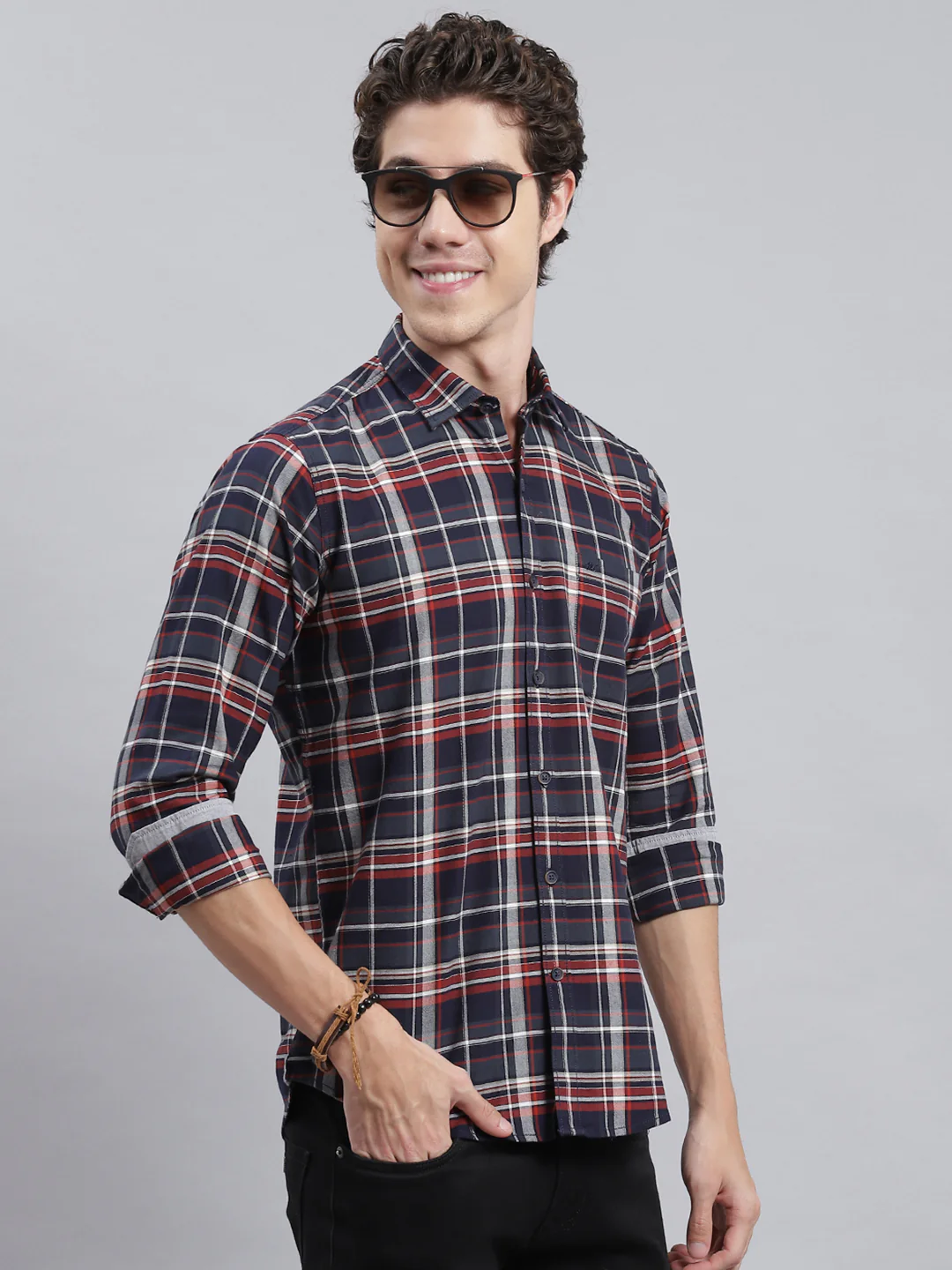 Men Navy Blue Check Shirt - Image 3