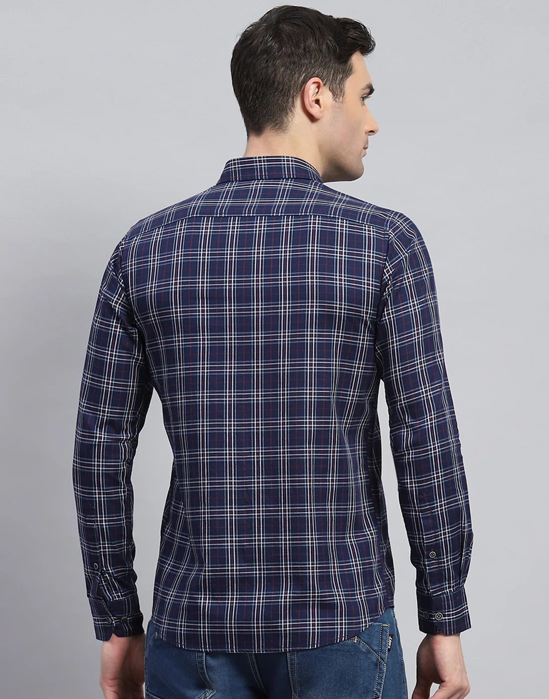 Men Navy Blue Check Spread Collar Full Sleeve Shirt - Image 5