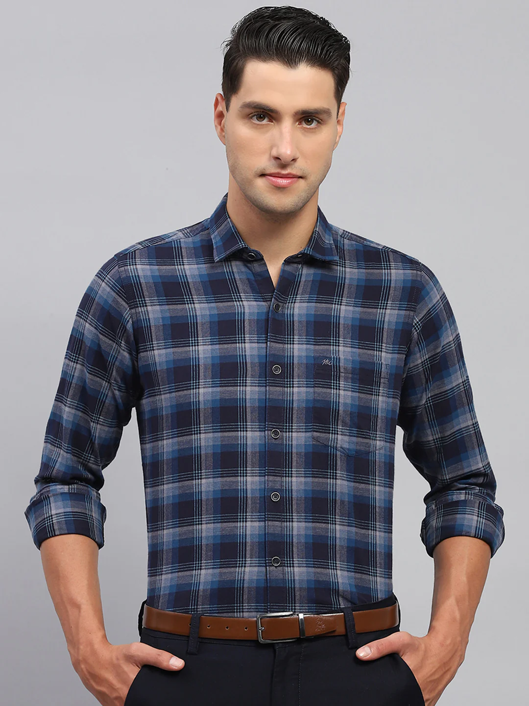Men Navy Blue Check Spread Collar Full Sleeve Shirt - Image 2