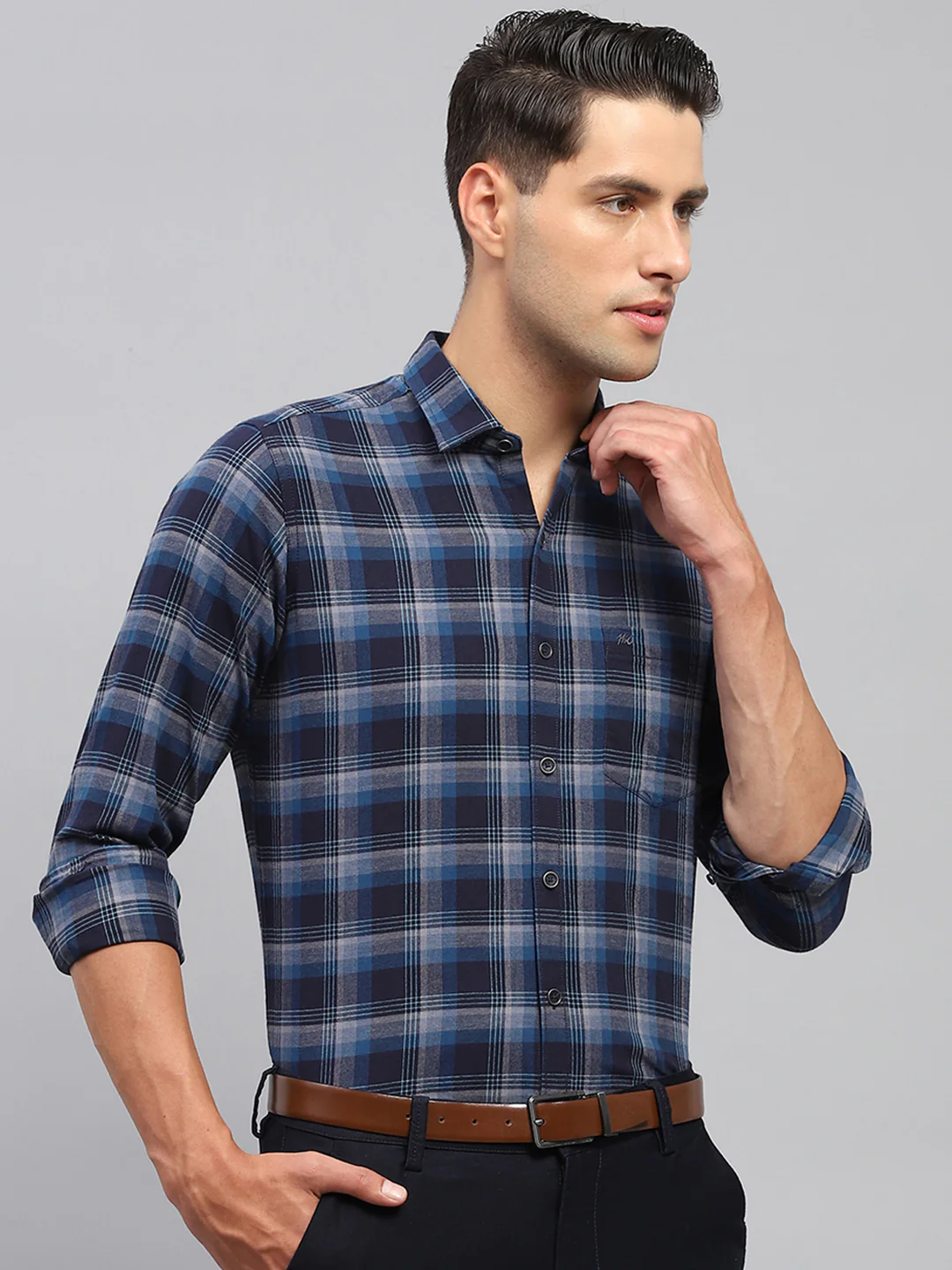 Men Navy Blue Check Spread Collar Full Sleeve Shirt - Image 4