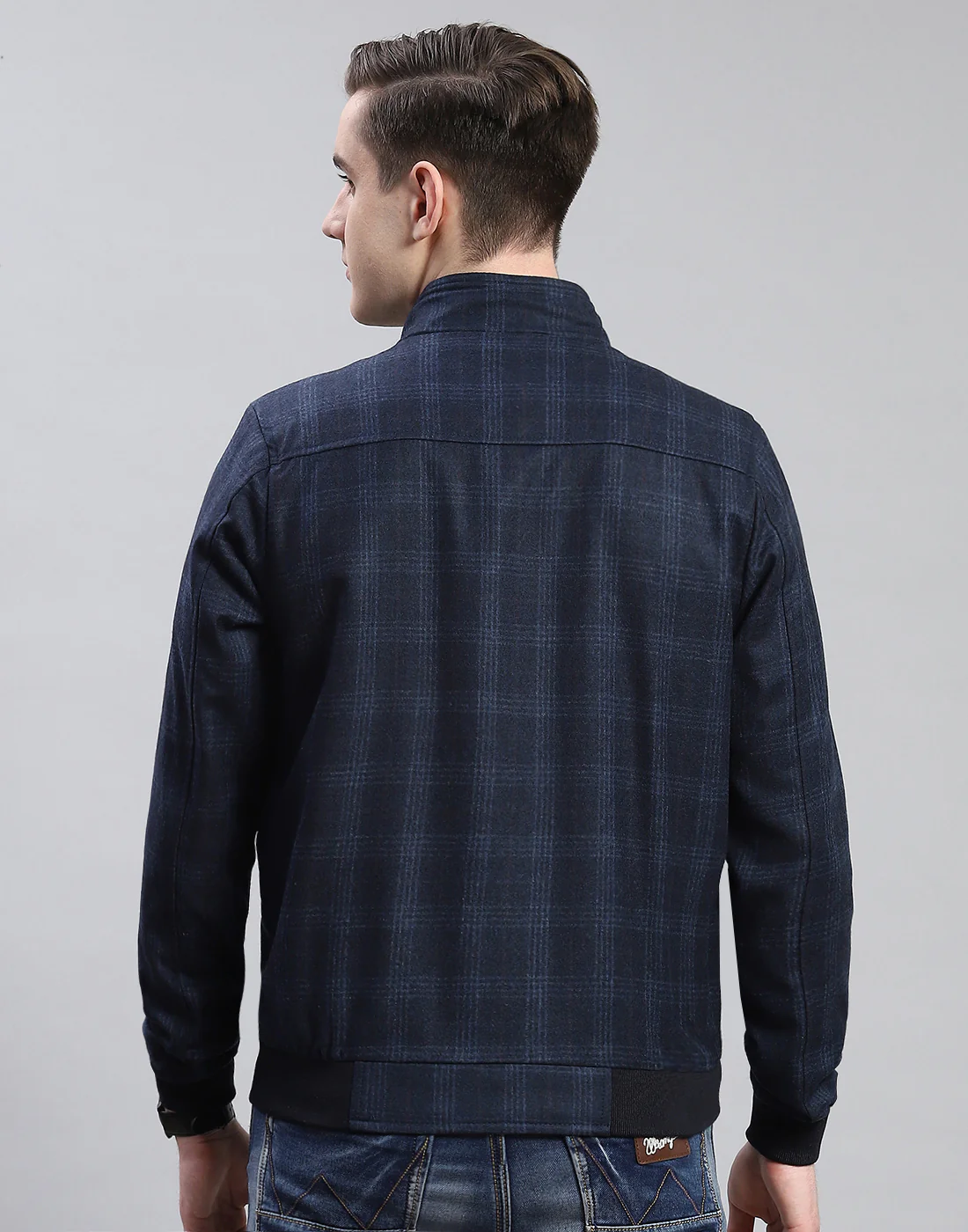 Men Navy Blue Check Stand Collar Full Sleeve Coat - Image 5