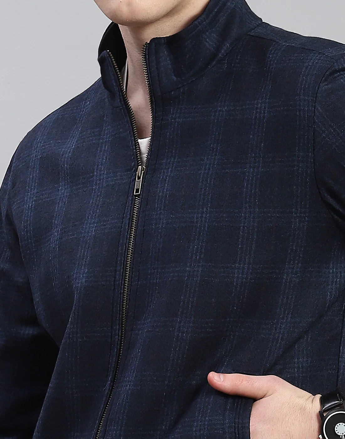 Men Navy Blue Check Stand Collar Full Sleeve Coat - Image 6
