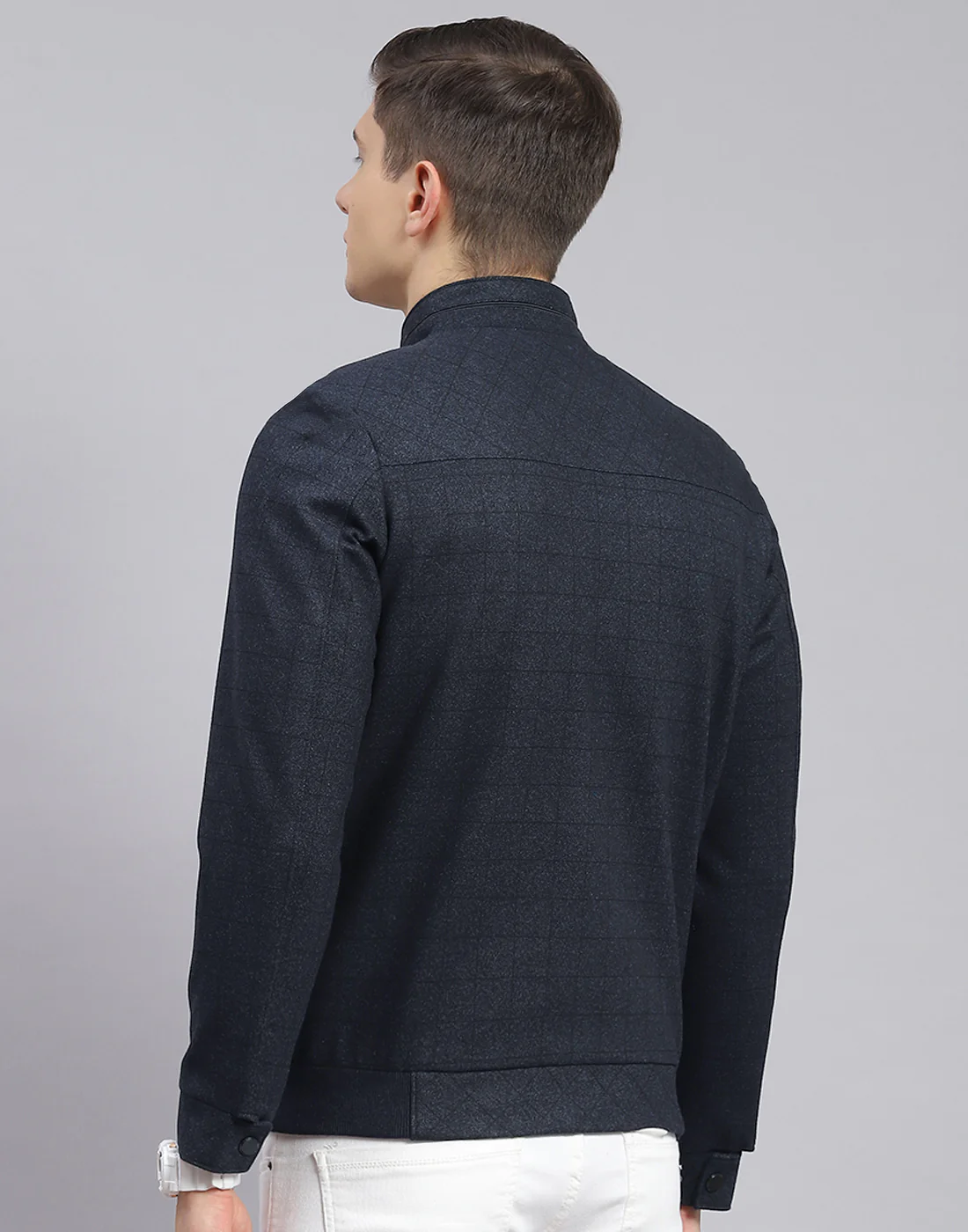 Men Navy Blue Check Stand Collar Full Sleeve Jacket - Image 6
