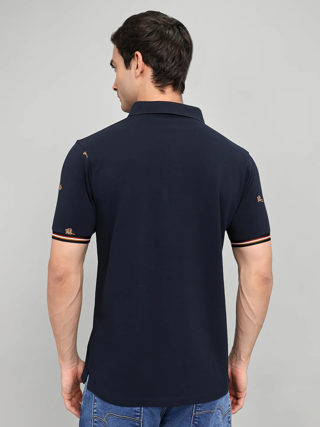 Men Navy Blue Embroidered Collar Half Sleeve T-Shirt - Image 4