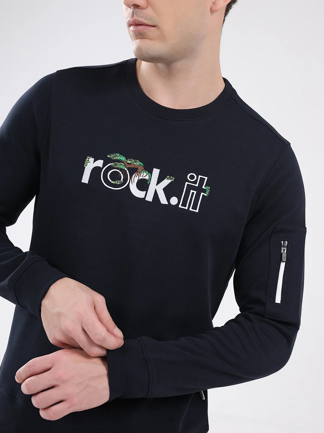 Rock.it Men Navy Blue Embroidered Round Neck Full Sleeve Sweatshirt - Image 6