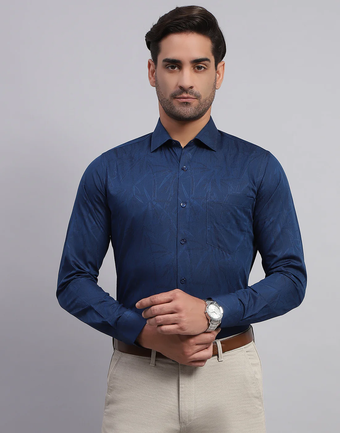 Luxuria Men Navy Blue Floral Print Collar Full Sleeve Shirt - Image 2